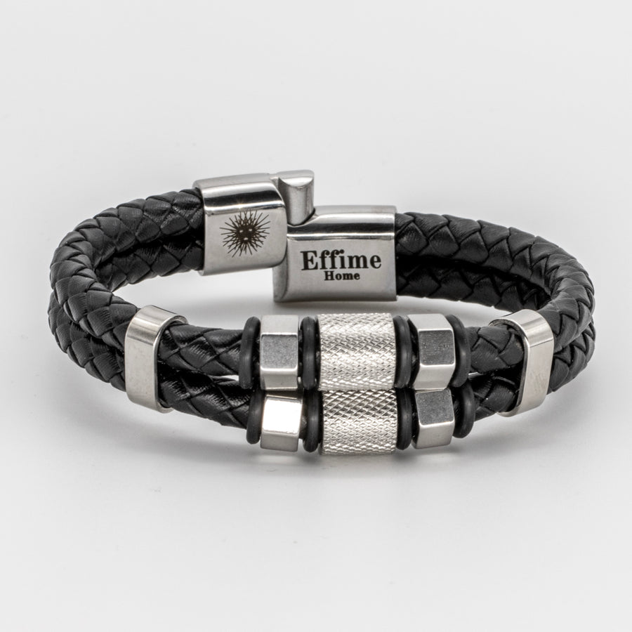 Black Stainless Steel Hexagon Leather Bracelet
