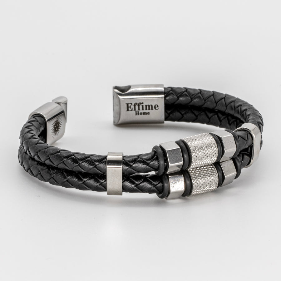 Black Stainless Steel Hexagon Leather Bracelet