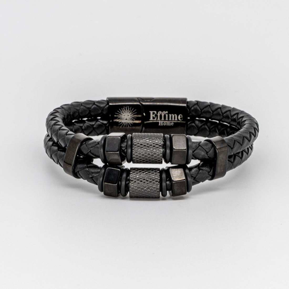 Black Stainless Steel Hexagon Black Leather Bracelet