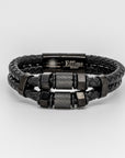 Black Stainless Steel Hexagon Black Leather Bracelet