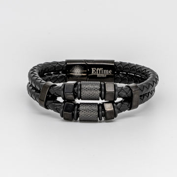 Black Stainless Steel Hexagon Black Leather Bracelet