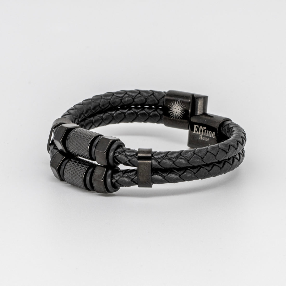 Black Stainless Steel Hexagon Black Leather Bracelet