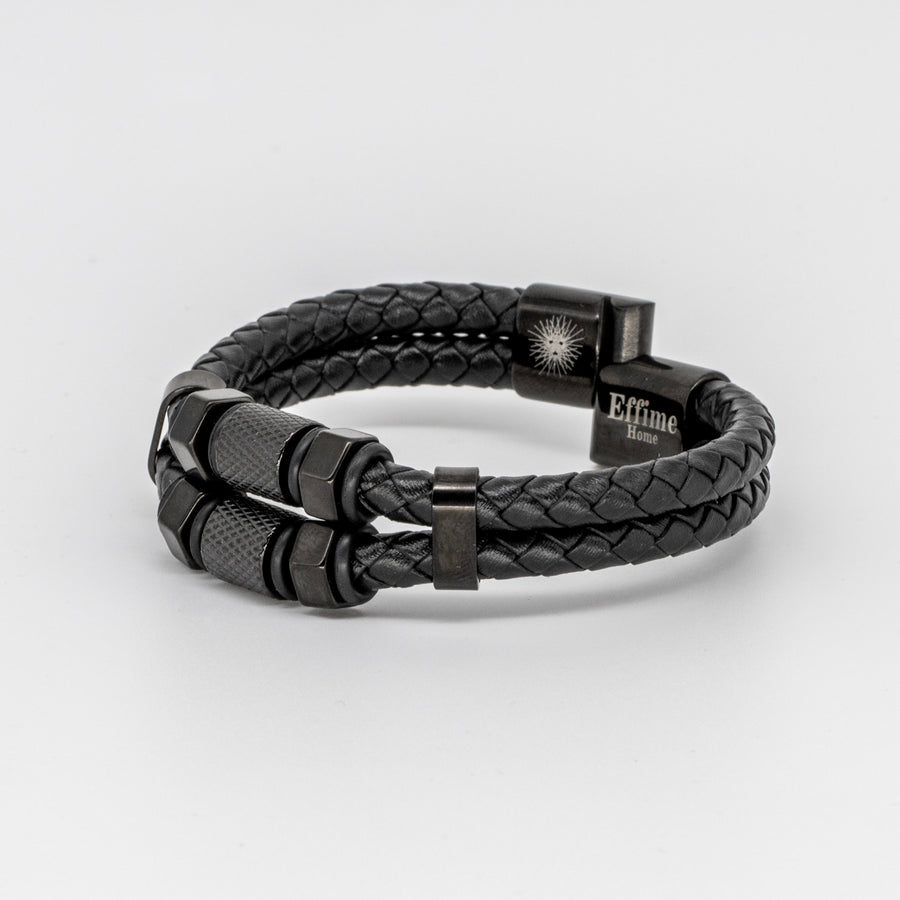 Black Stainless Steel Hexagon Black Leather Bracelet