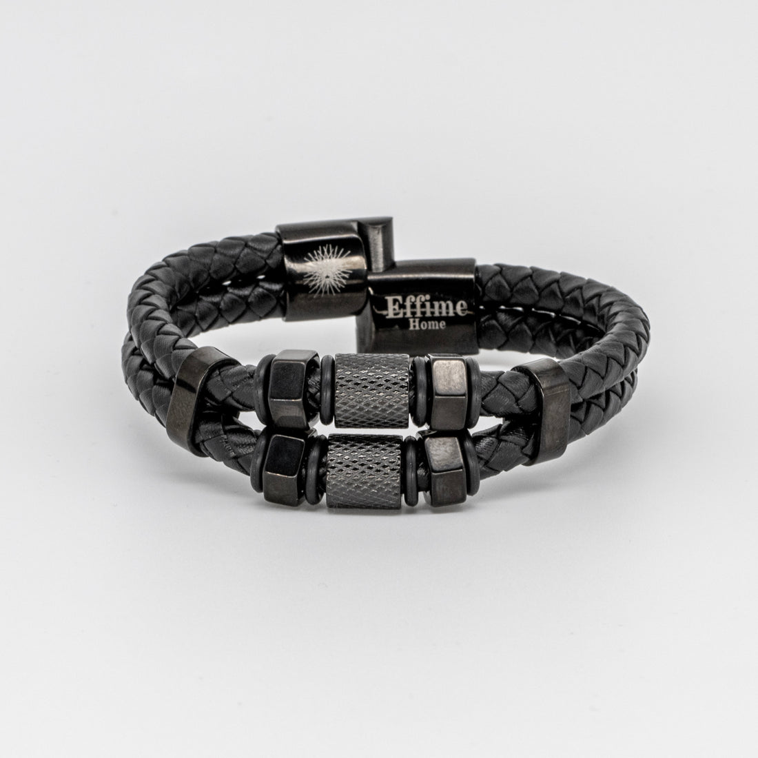 Black Stainless Steel Hexagon Black Leather Bracelet