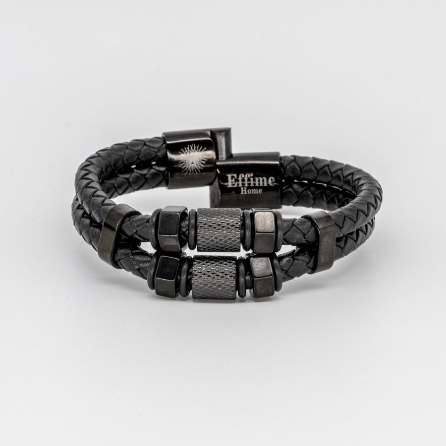 Black Stainless Steel Hexagon Black Leather Bracelet