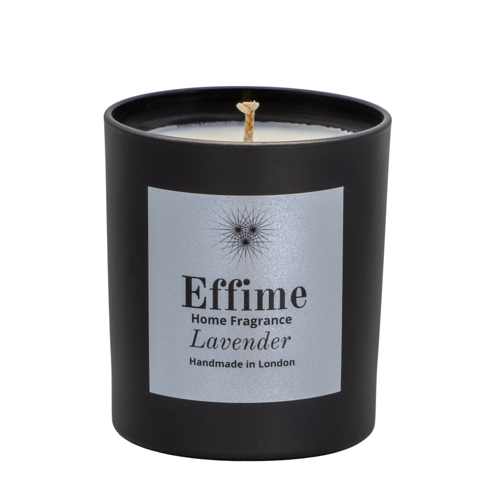 "Scented candle: Black glass jar with silver label reading 'Effime Home Fragrance Lavender'. 
Luxury  Spicy and floral home fragrance"