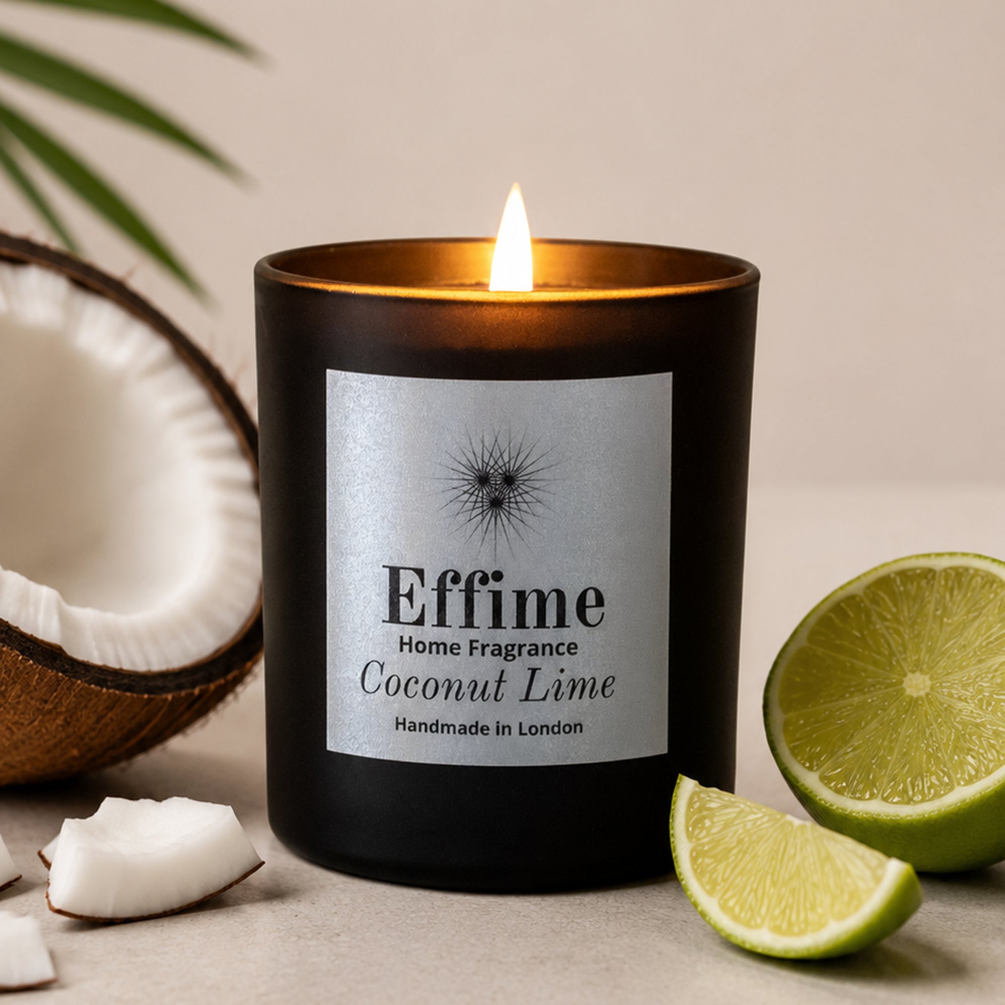 A lit black scented candle labeled 'Effime Home Fragrance Coconut Lime' sits on a neutral surface with a half coconut, coconut pieces, and lime wedges around it.