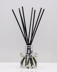 Juicy pear and the soft florals of rose, patchouli and freesia, infused with mellow hints of woody oud, warm amber and musk Luxury long lasting MyScent Vol.1 reed diffuser with natural black sticks in a 100ml clear glass bottle with silver top
