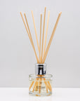 Juicy pear and the soft florals of rose, patchouli and freesia, infused with mellow hints of woody oud, warm amber and musk Luxury long lasting MyScent Vol.1 reed diffuser with natural wooden sticks in a 100ml clear glass bottle with silver top