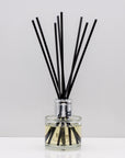 Rich decadent dark fruits with floral notes of rose, jasmine and fragrant patchouli Luxury long lasting Patchouli Rose reed diffuser with natural black sticks in a 100ml clear glass bottle with silver top.