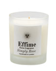 "Scented candle: frosted white  glass jar with white label reading 'Effime Home Fragrance   Simply Rose'. 
Luxury Fresh and Floral home fragrance"