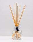 Take a stroll through an English garden, with inviting rose Luxury long lasting Simply Rose reed diffuser with natural wooden sticks in a 100ml clear glass bottle with silver top.