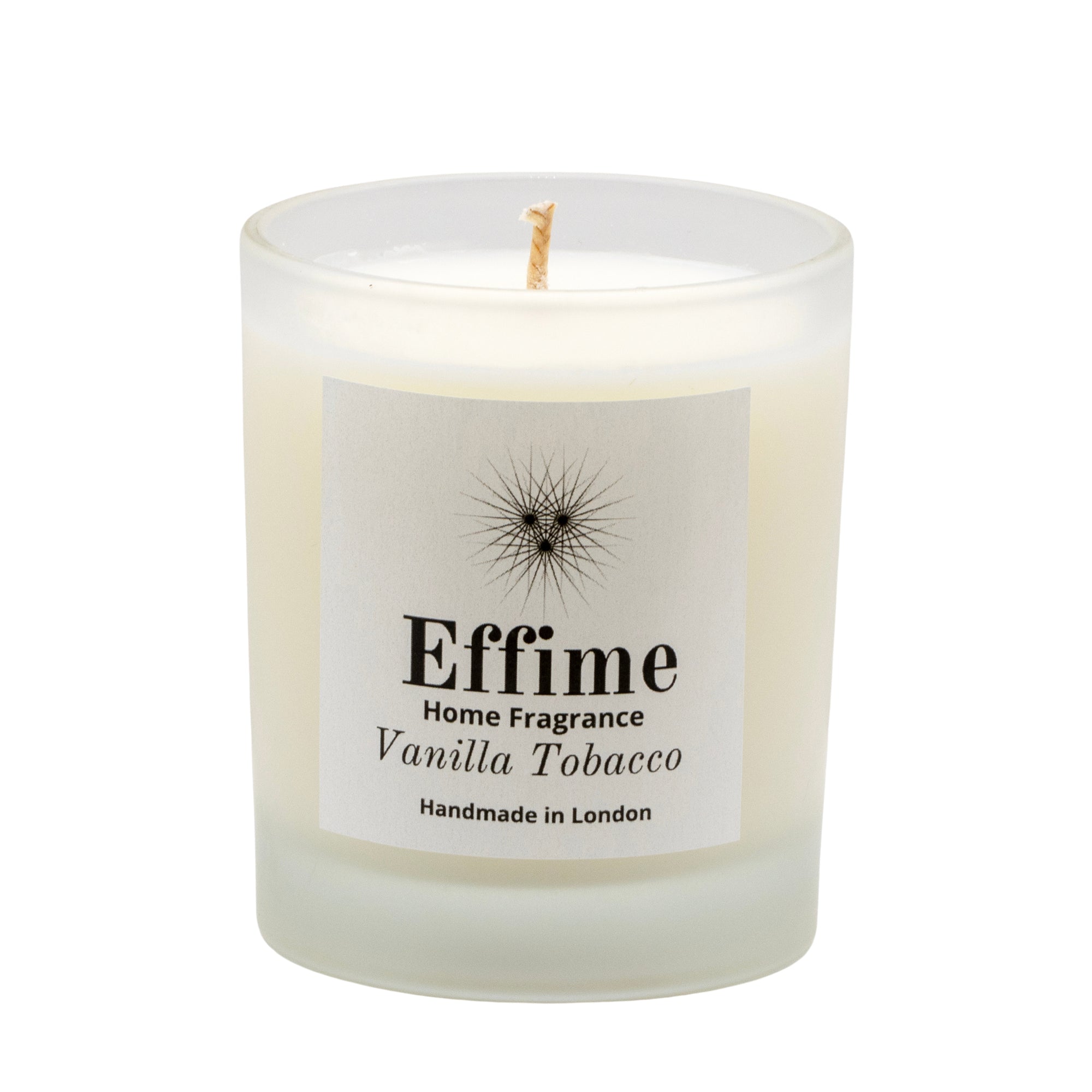 "Scented candle: frosted white  glass jar with white label reading 'Effime Home Fragrance    Vanilla Tobacco'. 
Luxury Fresh and musky home fragrance"