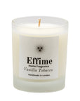 "Scented candle: frosted white  glass jar with white label reading 'Effime Home Fragrance    Vanilla Tobacco'. 
Luxury Fresh and musky home fragrance"