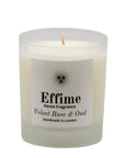 Scented candle: frosted white  glass jar with white label reading 'Effime Home Fragrance Velvet Rose & Oud'. 
Luxury Floral and Woody home fragrance