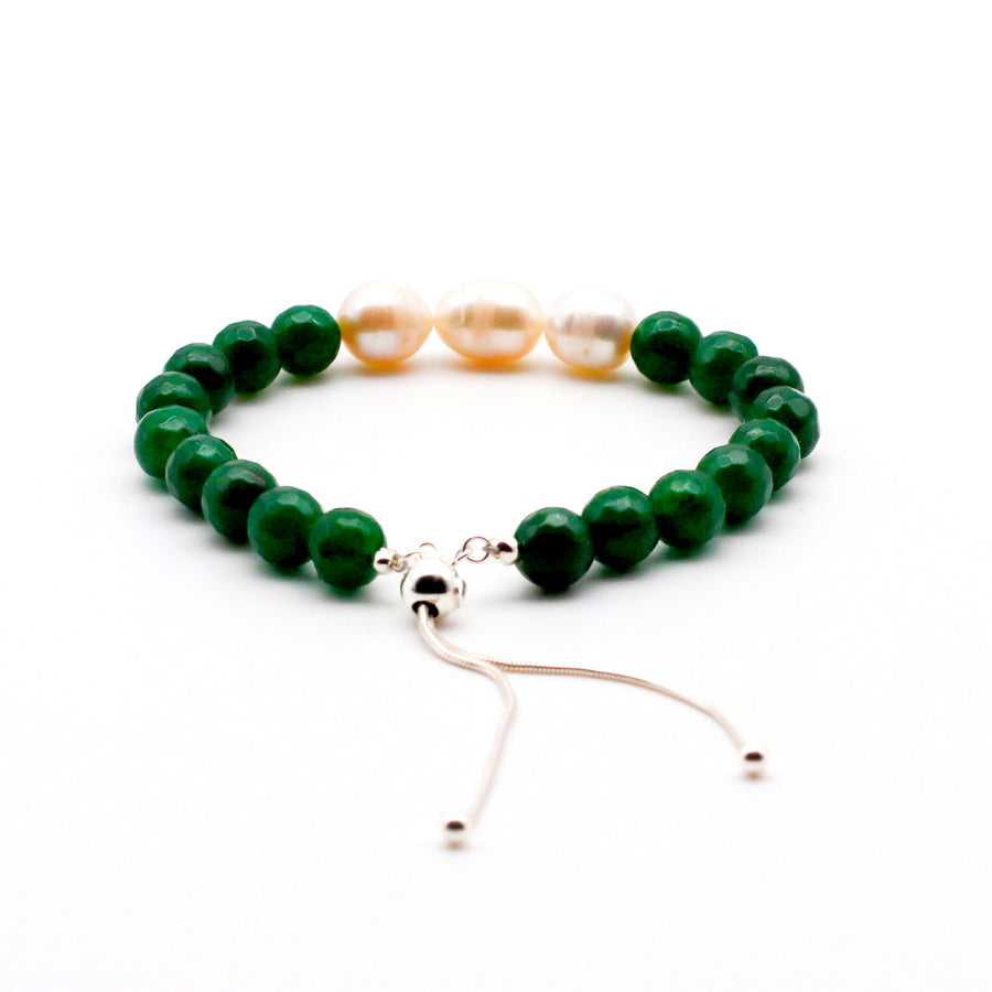 Jade Agate and Pearl with Silver Bracelet