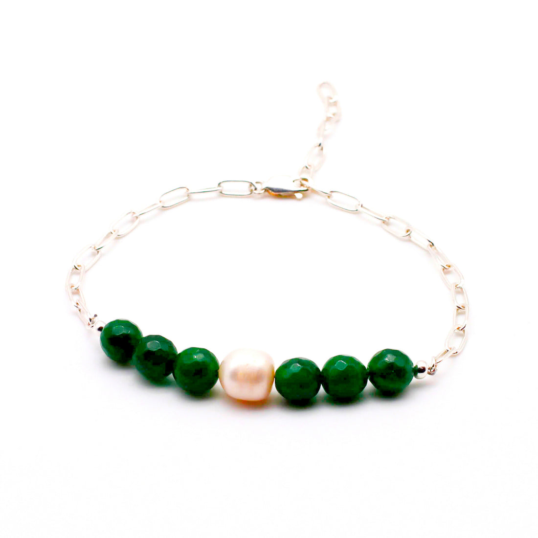 Jade Agate and Pearl with Chain Link Silver Bracelet