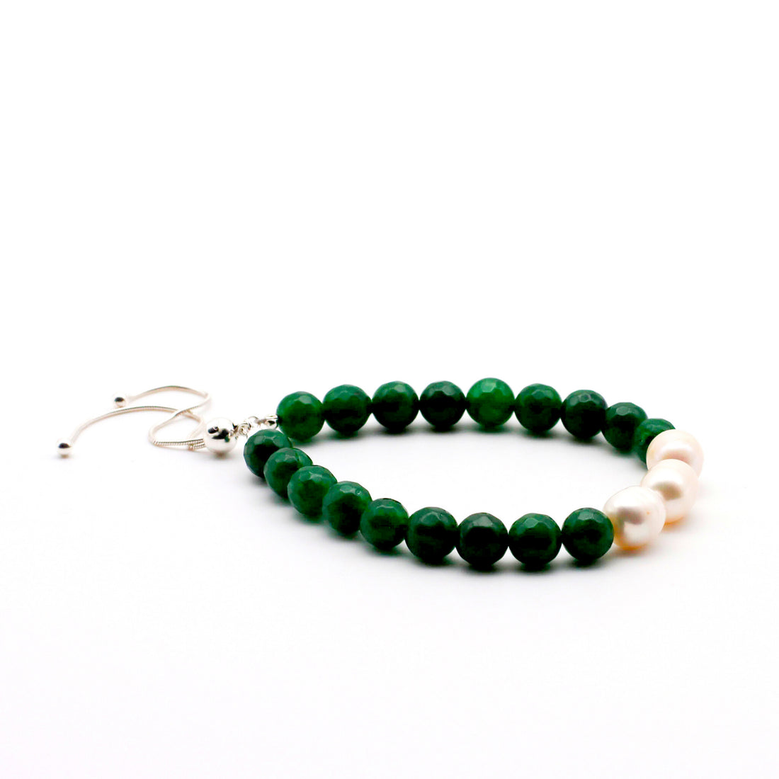 Jade Agate and Pearl with Silver Bracelet